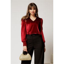 Bluza DY Fashion din catifea bordo cu mansete din paiete si decolteu in V
