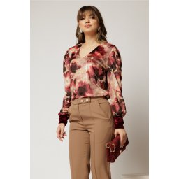 Bluza DY Fashion din catifea cu imprimeu grena si decolteu in V