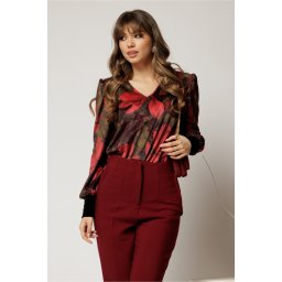 Bluza DY Fashion din catifea cu imprimeu rosu si decolteu in V