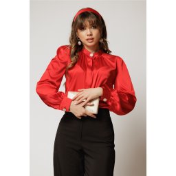 Bluza DY Fashion rosie din satin cu guler tunica si nasture elegant