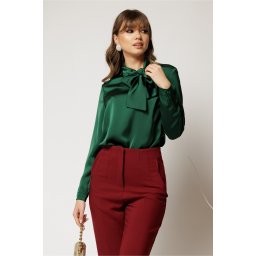 Bluza verde din satin eleganta cu funda la decolteu