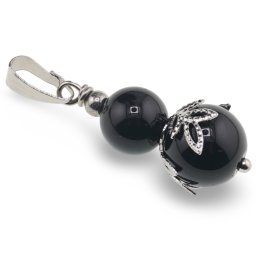 Pandantiv Obsidian sfere si flori argintii, 8-10mm