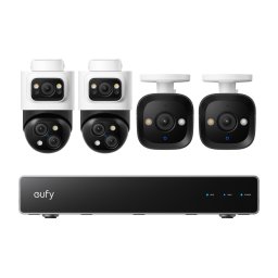 Kit supraveghere video eufy NVR S4, Rezolutie 4K, Night Vision Color, AI, Dual View, cu 2 camere PoE Bullet-PTZ si 2 camere PoE Turret