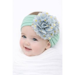 Bentita verde menta lata cu floare din tulle si buline aurii