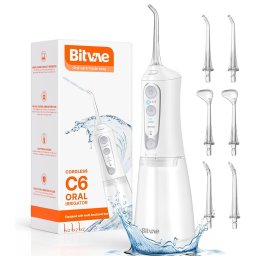 Irigator oral Irigator Bucal portabil 15 Combinatii de Curatare, 6 Duze Jet, 300ml, IPX7, Water Pressure 130PSI, 40 Zile Autonomie, acumulator reincarcabil USB, husa de transport – Ideal pentru ingrijire Ortodontica si gingii sensibile - alb
