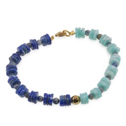 Bratara Lapis Lazuli si Amazonit discuri 7-8mm, Lapis Lazuli sfere 4mm si Hematit fatetat auriu 6mm