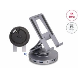 Docking station USB-C la HDMI 4K60Hz/1xUSB-C+2xUSB-A/SD+MicroSD/PD 60W + suport integrat masa tableta/laptop, Delock 88017