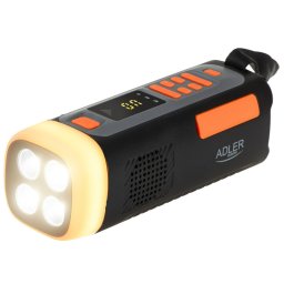 Radio de urgenta Adler AD 1920, Panou sola, Manivela cu generator, USB-C, 4500 mAh, Bluetooth, Afisaj LED, Negru/Portocaliu