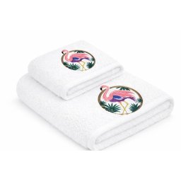 Set 2 Prosoape baie Brodate Alb cu broderie color, Model Flamingo, bumbac 100%