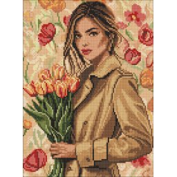 Set goblen cu diamante, cu sasiu, Fata cu lalele, 30x40 cm