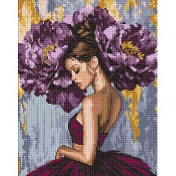 Set goblen cu diamante, cu sasiu, Balerina cu bujori violeti, 40x50 cm