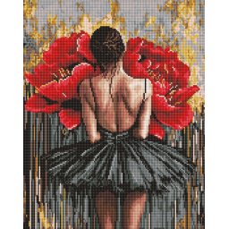 Set goblen cu diamante, cu sasiu, Balerina cu bujori rosii, 40x50 cm