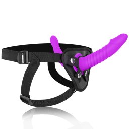 SuperLove Soft Silicone Pegging Dual Dildo Strap-On Harness Purple-Black