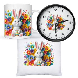 Set cana, perna si ceas silentios personalizat cu Iepuras si flori colorate
