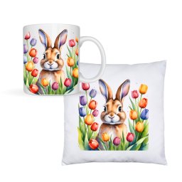 Set cana si perna personalizata cu iepuras printre lalele colorate