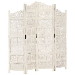 Gossi paravan camera sculptat manual, 4 panouri, alb 160x165 cm mango