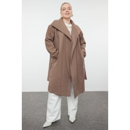 Trendyol Curve Mink Loose Fit Belted Wide Collar Cashmere Coat