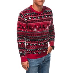 Edoti Men's red Christmas jumper with Norwegian patterns - red