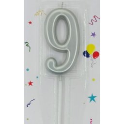 Lumanare tort cifra 9 argintiu metalic 7 cm