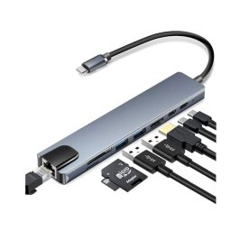 Adaptor 8in1 Audio Video Retea Hub USB Tip C la USB Tip C & 4K UHD & HDMI & USB A & Card SD/TF/MicroSD Reader & RJ45