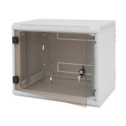 Rack de perete Triton sectiune simpla 12U 600mm adancime usa sticla panouri laterale fixe, sectiuni acces cabluri sus/jos/spate securizare cu cheie, 1 pereche montanti reglabili IP30 gri
