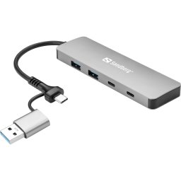 Sandberg USB-C/A to 2xUSB-A+2xUSB-C Hub USB 3.2 Gen 1 (3.1 Gen 1) Type-A + Type-C 5000 Mbit/s Aluminiu