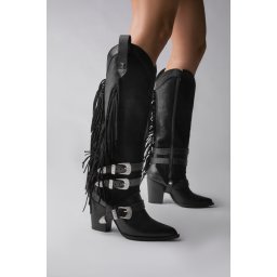 Ciocate Ruby toc inalt, piele bizonata neagra cu accesorii argintii si manson piele ponei cu franjuri