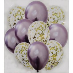 Set 10 baloane mov deschis chrom cu confetti aurii 30 cm