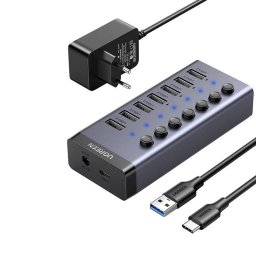 Hub Multiport 7 x USB 3.0, 90307 CM481, Alimentare Activa 12V, Priza Eu, Aluminiu, Space Gray