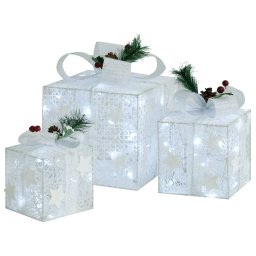 Set 3 Decoratiuni Cutii Cadou de Craciun Iluminate LED Alb, Exterior/Interior