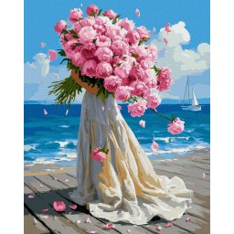Set pictura pe numere, cu sasiu, Bujori si mare, 40x50 cm