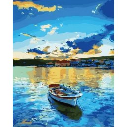 Set pictura pe numere, cu sasiu, Barcuta la rasarit, 40x50 cm