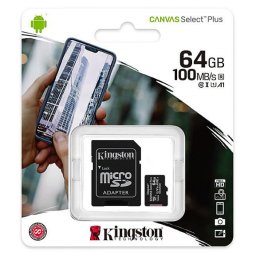 Card Memorie microSDXC Kingston Canvas Select Plus Android A1, 64Gb, Clasa 10 / UHS-1 U1, Cu Adaptor SDCS2/64GB