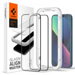 Folie de protectie Ecran Spigen GlastR Align Master pentru Apple iPhone 17e / 16e / 14, Sticla Securizata, Full Glue, Set 2 bucati, Neagra AGL03387