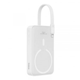 Baterie Externa Wireless Baseus Magnetic Mini, 10000mAh, 20W, PD + FQI, 1 x Lightning - 1 x QI - 1 x USB-C, Alba P10022109223-00
