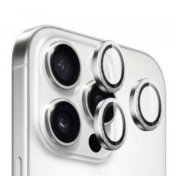 Folie de protectie Camera Spate Blueo Glitter Diamond Metal Frame pentru Apple iPhone 16 Pro Max / 16 Pro, Sticla Securizata, Argintie