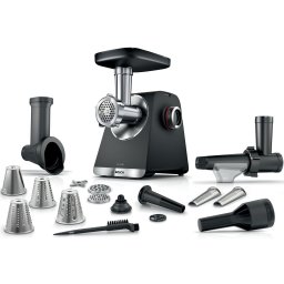 Masina de tocat Bosch MFWS660B, 2100W, 3.5kg/ min, 3 site, accesoriu suc de rosii, palnie carnati, accesoriu pt kebbe, cutit cu 2 taisuri, 4 accesorii de tocare, Negru-Agintiu