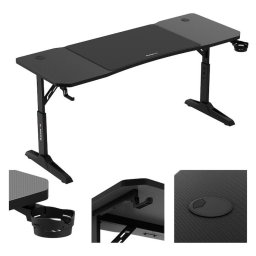 Birou gaming Huzaro, Hero 4.6, dimensiuni 160 x 60 cm, inaltime reglabila 56–79 cm, inclusiv mousepad 80 x 56,5 cm, 2 intrari pentru cabluri, Negru