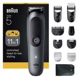 Aparat de tuns multifunctional Braun All-in-One Seria 5 AIO5560, 11-in-1, Lama ultra ascutita, 7 Piepteni, 1 Mini Cap de ras, 1 Cap tuns SkinGuard, 1 Perie de curatare, 1 Saculet, AquaGrip pentru control sub dus, Autonomie 120 minute, Gri argintiu