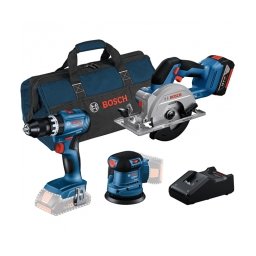 Pachet Bosch - GSB 18V-45 + GEX 185-LI + GKS 18V-51 - Masina de gaurit si insurubat cu percutie, 45 Nm + Slefuitor cu excentric, 125 mm + Fierastrau circular + Set 1 acumulator si incarcator, Li-Ion, 18 V, 4 Ah + Geanta textila