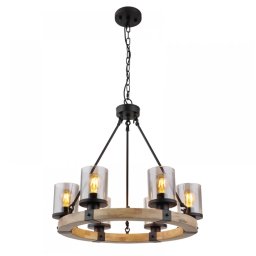 Lustra Lila 15555-6H, 6xE27, D:59 cm, metal negru, lemn maro, sticlă fumurie