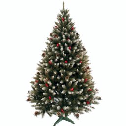 Brad Artificial de Craciun Molid HollyCone cu Fructe Rosii si Conuri Naturale, Verde cu Varfuri Albe 180cm