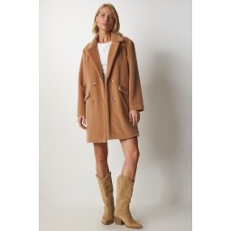 Happiness İstanbul Women's Biscuit Rabbit Hair Look Oversize Coat