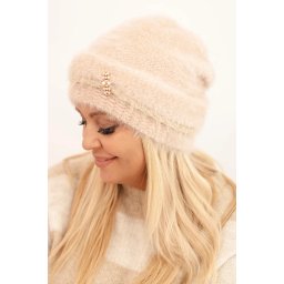 Kesi Women's winter fluffy hat with pearls and decorative weave beige