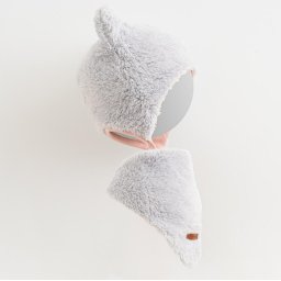Winter baby hat with neck scarf New Baby Teddy bear grey pink, size 74 (6-9m)