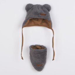 Winter baby hat with neck scarf New Baby Teddy bear grey, size 80 (9-12m)
