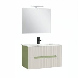 Trent Mobilier de baie 80 cm lavoar ceramic (2 sertare) cu oglindă 60x80 cm verde deschis-alb