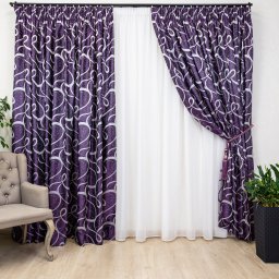 Set 3 piese , doua draperii Hiko Royal Garden mov si o perdea Ana voal alb cu rejansa