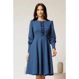 Rochie DY Fashion albastra eleganta cu volan incretit pe bust si nasturi bijuterie