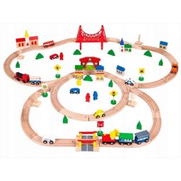 Joc Circuit din lemn, ECOTOYS HM014665, cu trenulet si masinute, 90 de elemente